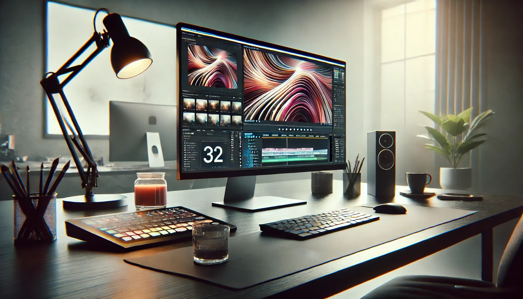 DALL·E 2025-03-11 11.27.44 – A close-up, ultra-realistic digital workspace representing creative startups. The scene focuses on a sleek modern desk with a high-resolution monitor